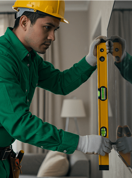 Homem com um nível instalando uma TV