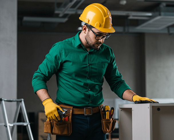 Homem com ferramentas montando móvel corporativo