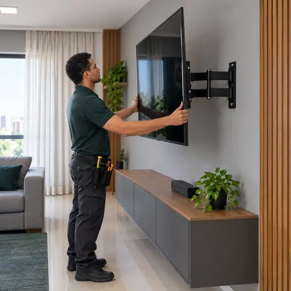 Instalador de TV ajustando uma televisão em suporte na parede