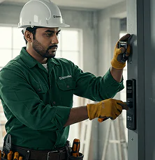 Homem instalando uma fechadura eletrônica